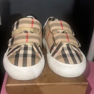 Burberry Tan and Red Sneakers with Velcro Straps